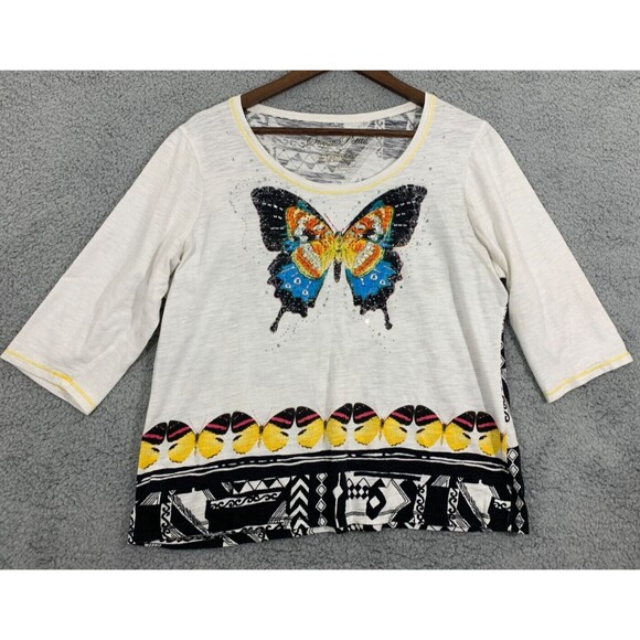 Onque Petite Tops - ONQUE PETITE PXL Beaded Butterfly Geometric Designs Short Sleeve Blouse Top